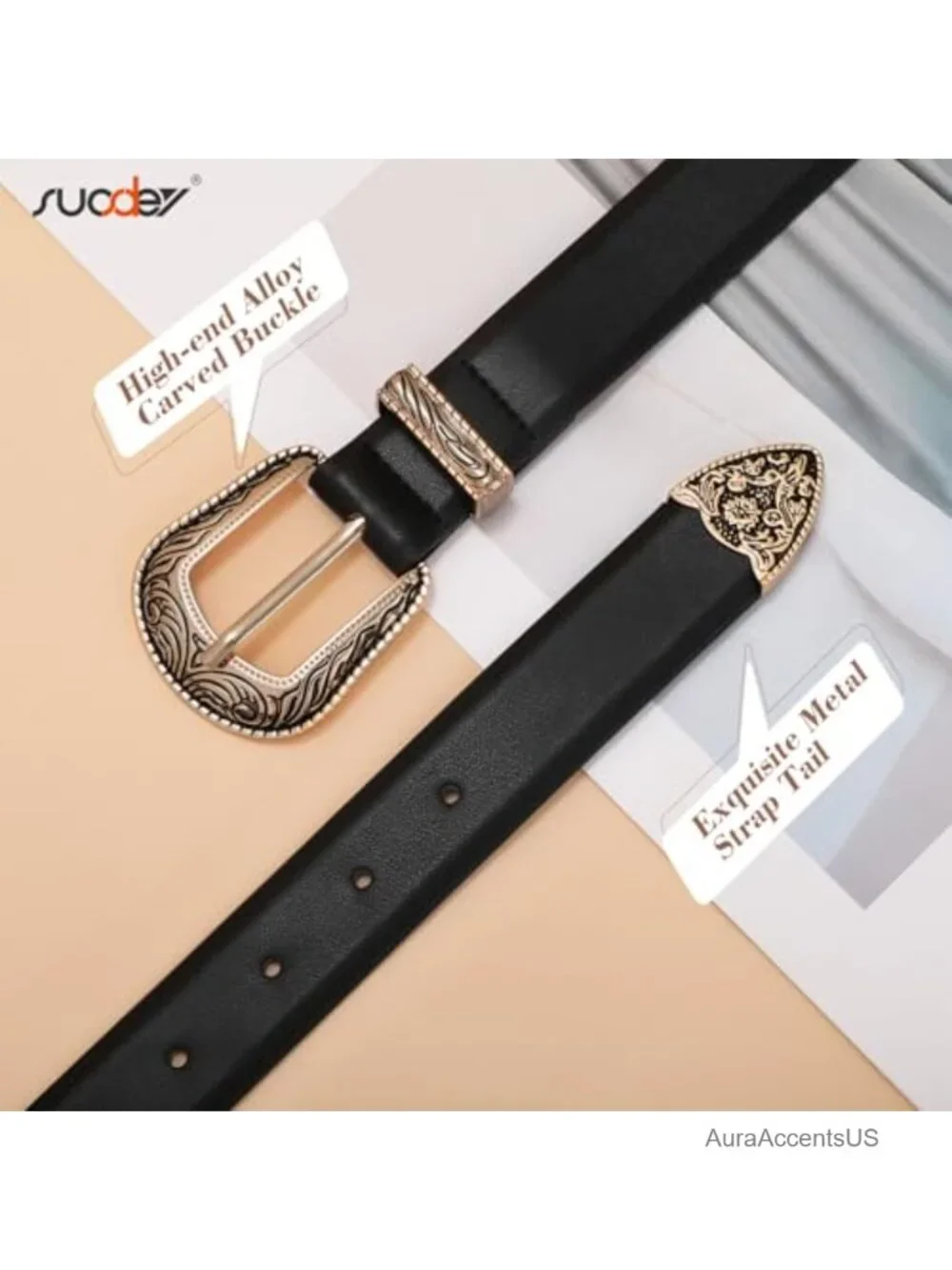 Western Faux Leather Belt with Vintage Metal Buckle for Women